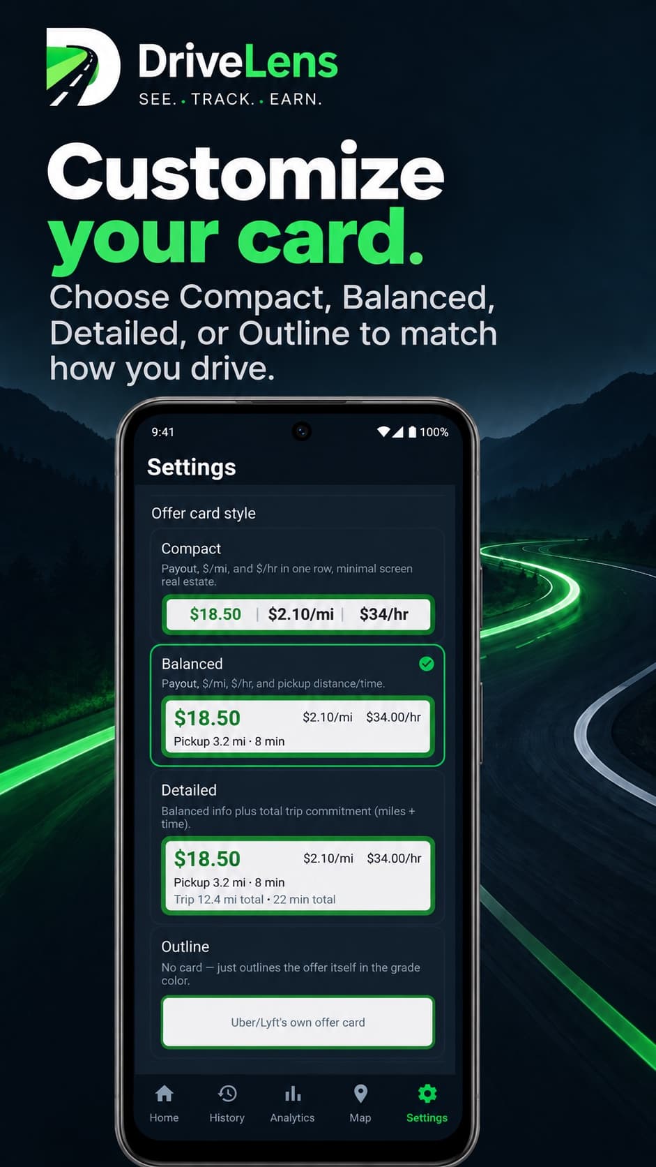 DriveLens settings for choosing the offer card style: Compact, Balanced, Detailed, or Outline