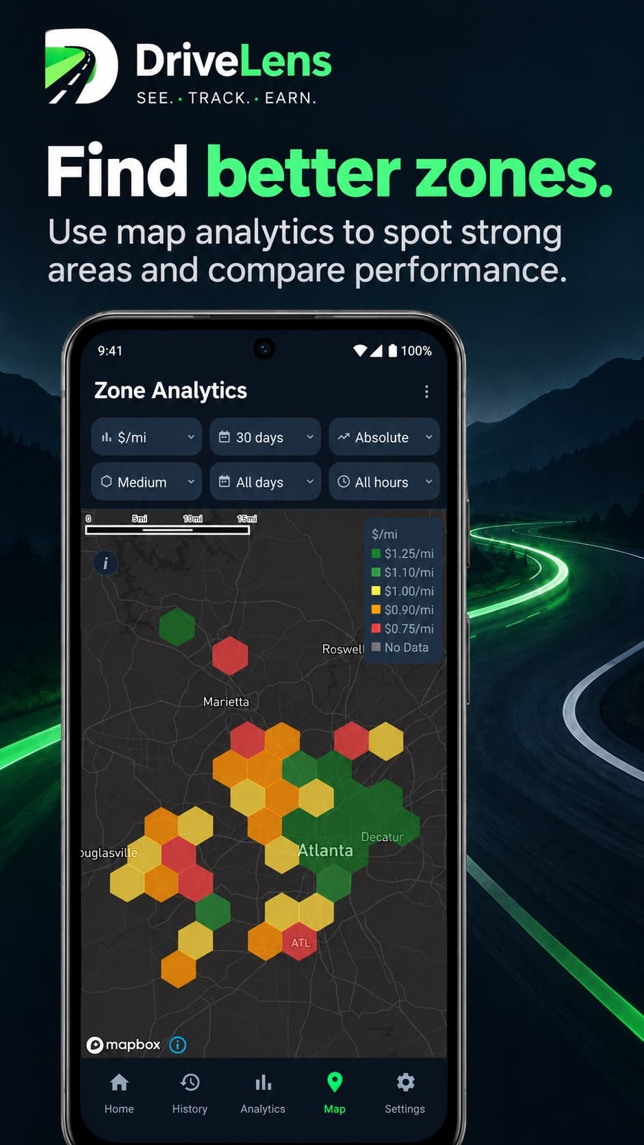 DriveLens zone analytics map showing dollars-per-mile performance by area around Atlanta