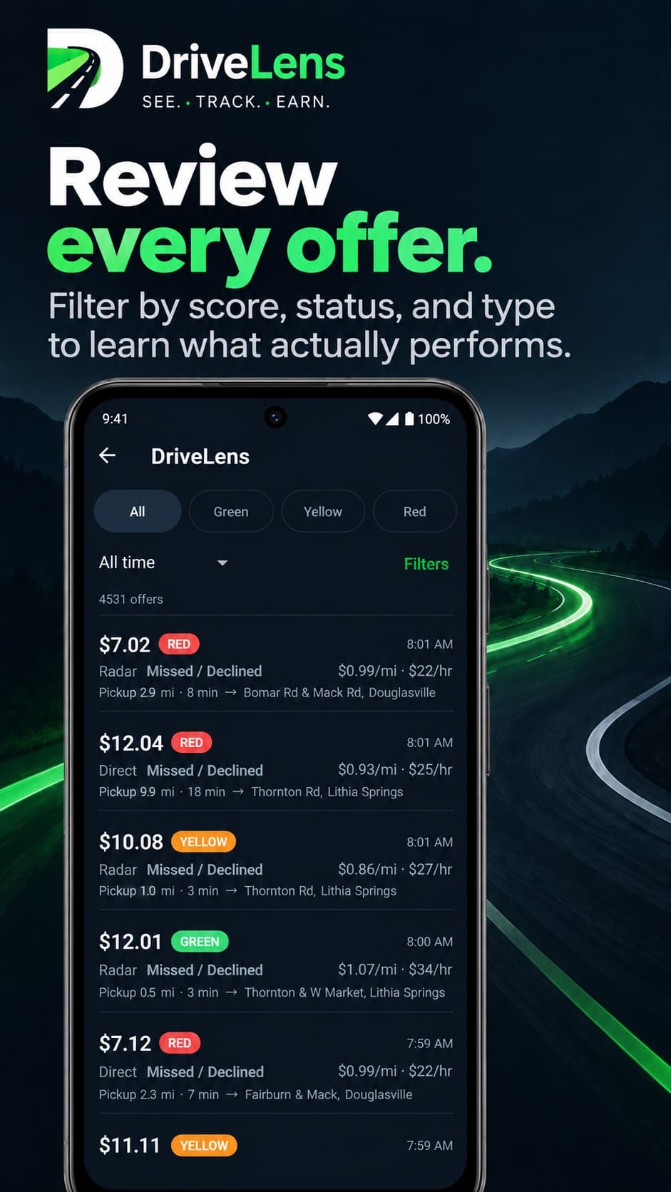 DriveLens offer history listing past ride offers with green, yellow, and red scores, filterable by score, status, and type