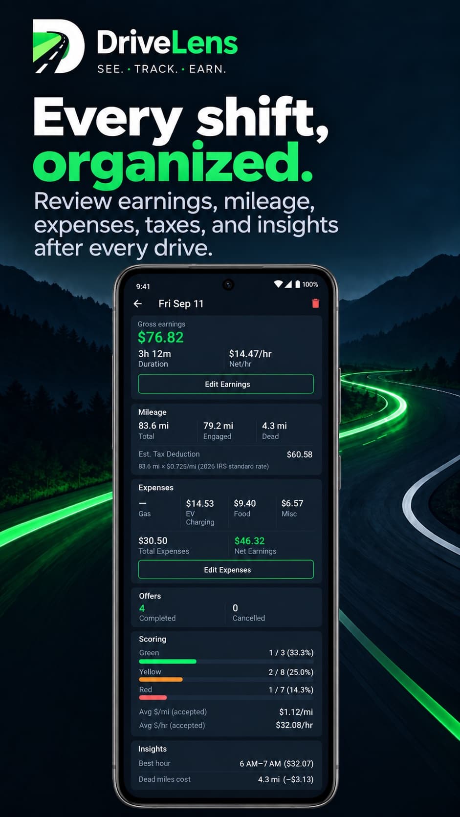 DriveLens shift detail showing earnings, mileage, expenses, offer scoring, and insights for a single shift